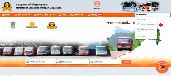 msrtc portal change password option